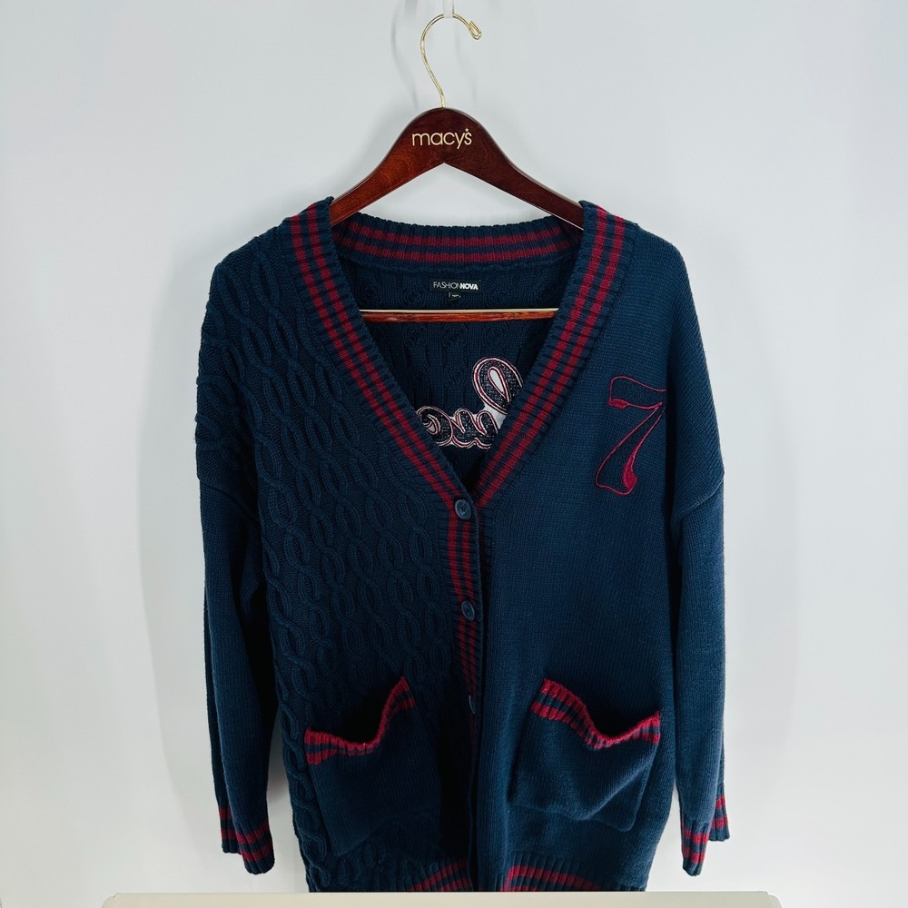 Fashion Nova Lucky 7 Cable Knit Striped Cardigan Sweater Blue Red Size XL